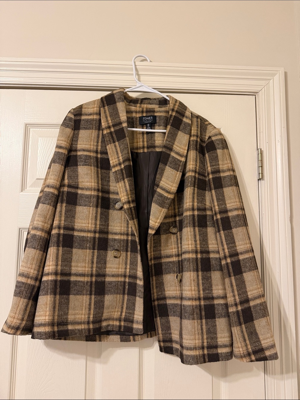 Jones New York Plaid Double-Breasted Pea Coat in Brown and Tan